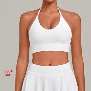 White tight yoga sports bra with adjustable halter straps for tennis and fitness