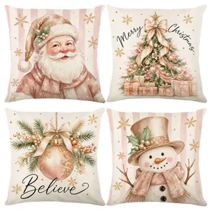 4er-Set Weihnachtskissenbezüge in Rosa und Gold mit Weihnachtsmann und Schneemann
