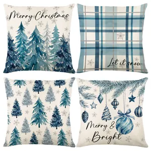 Hochwertiges 4er-Set blaue Aquarell-Weihnachtskissenbezüge mit Tannenbaum-Motiv