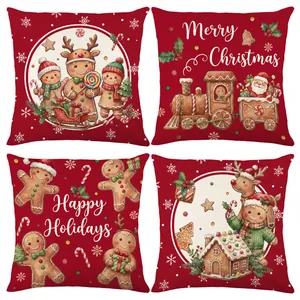 Set of 4 Christmas gingerbread man throw pillow covers with festive red background patterns.