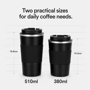 Confronto tra tazze da caffè in acciaio inox da 380 ml e 510 ml con dimensioni.