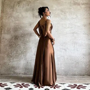 Cowl Neck Satin Long Dress For Women Backless High Slit Spaghetti Strap Sexy Slim Evening Party Gown