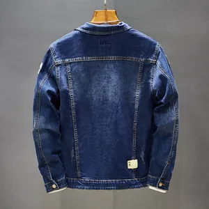 Classic blue denim jacket for men with back embroidery and slim fit design