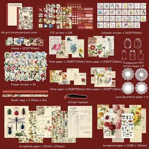 265pcs vintage aesthetic scrapbooking kit featuring floral stickers and A6 grid notebook