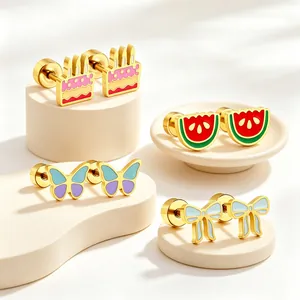 Boucles D'oreilles Puces En Acier Inoxydable Plaqué Or Émail Fruits Papillon Gâteau Bijoux Mignons Pour Femmes À Vis