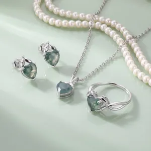 Parure de bijoux en argent 925 avec agate mousse verte en forme de cœur