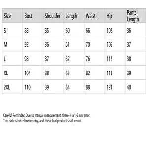 Tabla de tallas para conjunto de pantalones cortos de verano para mujer con camiseta