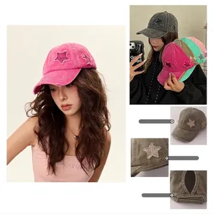 Casquette De Baseball Femme En Coton Lavé Avec Trou Pour Queue De Cheval Distressed Vintage Patch Étoile Scintillante Ajustable Protection Solaire