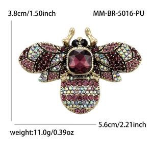 Vintage-style bee brooch with colorful rhinestones, SKU MM-BR-5016-PU, 5.6cm wide