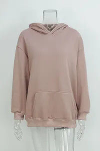 Detailed front view of a mauve solid color oversized hoodie with kangaroo pocket on mannequin