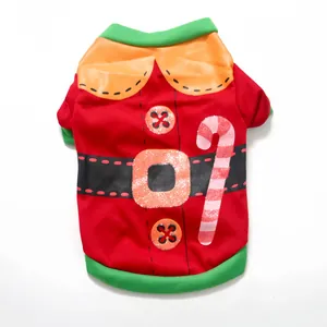 Festive red pet Christmas T-shirt with glittery candy cane and belt print detail