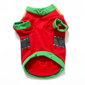 Detail view of a festive red and green Christmas dog t-shirt with dotted accents