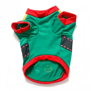 Detail showing the back and interior of a green and red Christmas dog T-shirt for small pets.