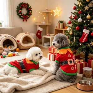 Detailed view of dogs wearing festive red and green Christmas elf-themed T-shirts