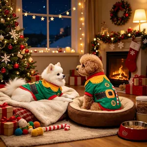 Two small dogs wearing festive Christmas elf shirts in a cozy holiday home setting