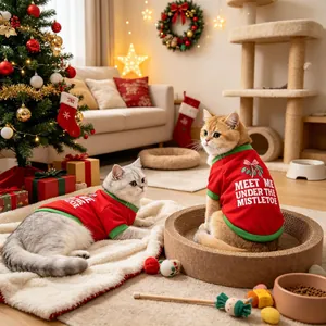 Cats wearing festive red Christmas shirts with mistletoe print in a cozy room