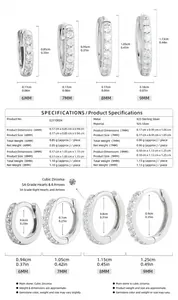 Detailed size chart for S925 sterling silver hoop earrings with cubic zirconia stones