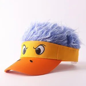 Fun sun visor hat with blue shaggy wig and cartoon face embroidery for party wear