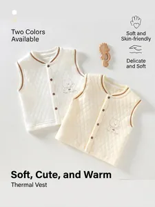 Gilet Chaud Piqué pour Nouveau-né Couleur Unie Motif Ours Cardigan Sans Manches Gilet Rembourré en Coton pour Bébé Quotidien