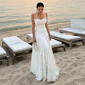 Women Evening Gown Dress Sexy Backless Spaghetti Strap Jacquard Chiffon A-Line High Waist Floor Length Formal Party