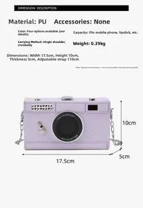 Vintage camera shaped purple box bag with adjustable chain strap and dimension details