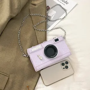 Vintage lilac camera shaped hard box crossbody bag with elegant silver chain strap details