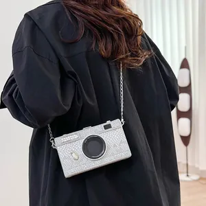 Macro view of a vintage camera-shaped crossbody bag with snakeskin texture and chain.