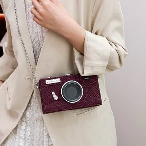 Detailed shot of a vintage burgundy camera-shaped box bag with a silver chain strap