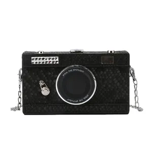 Retro black camera-shaped box crossbody bag with snakeskin texture