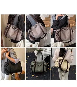 Modella che indossa diverse borse tote in tela di grandi dimensioni per l'autunno.