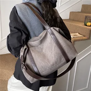 Borsa Tote da Donna in Tela di Grande Capacità Borsa a Tracolla Minimalista Con Tracolla in Pelle PU a Contrasto