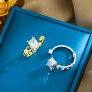 Adjustable Copper Rhinestone Ring For Women Gold Silver Electroplated Rectangle Crystal Sugar Cube Minimalist Fashion Ring