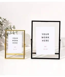Modern gold and black minimalist metal picture frames with clear glass for desktop decor