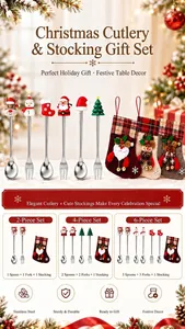 Festive Christmas cutlery gift set with stainless steel spoon, fork and mini stocking