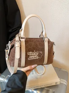 Women Retro Boston Bag Leopard Print PU Leather Handbag Crossbody Shoulder Bag With Bear Charm For Daily Commuting