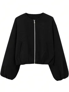 Detailed front view of a stylish soft black women's bomber jacket with silver zipper