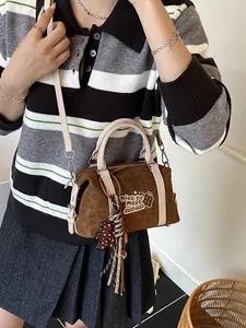 Vintage brown Boston bag with leopard print and decorative duoduo patch for women