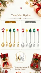 Detailed view of Christmas-themed spoons and forks with festive handle toppers in gold and silver.