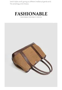 Vue détaillée d'un grand sac à main en laine marron avec motif à chevrons pour l'hiver