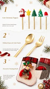 Detailed view of Christmas cutlery set with festive toppers, polished finish, and stocking bags.
