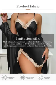 Detailed view of sexy black imitation silk slip nightdress with lace trim and matching robe