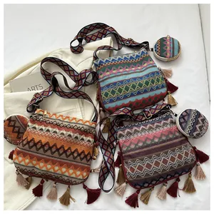 Bohemian ethnic style tassel crossbody bag set featuring three vibrant color options