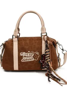 Retro brown suede Boston bag for women with embroidered patch and cute bear charm