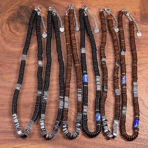 Detail shot of natural coconut shell necklaces with copper alloy and blue stone beads