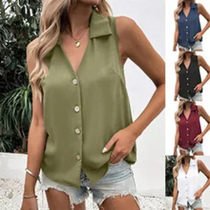 Details of sleeveless button-down blouses in multiple colors for summer fashion outfits