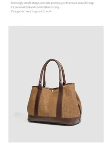 Grand sac cabas vintage en tweed marron avec garniture en cuir pour femmes en hiver