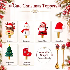 Set of stainless steel Christmas spoons and dessert forks with festive 3D silicone toppers