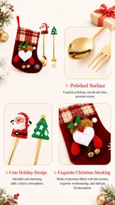 Detail shots of gold Christmas cutlery set with Santa and tree toppers in red stocking
