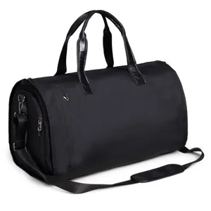 Full view of the black waterproof travel garment duffel bag with shoulder strap