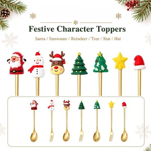Close-up of festive character toppers for Christmas coffee spoons and dessert forks